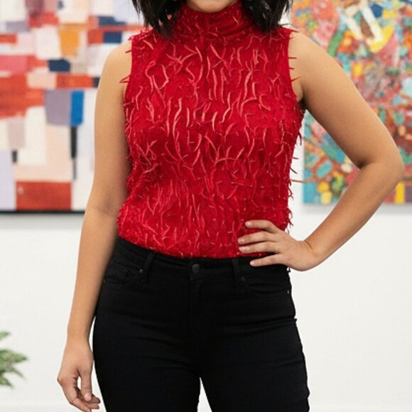 Vintage Red Textured Sleeveless Turtleneck Top - Picture 1 of 6